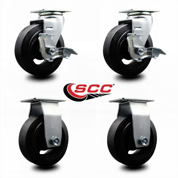 5 Inch Rubber on Cast Iron Caster Set with Ball Bearings 2 Brakes 2 Rigid